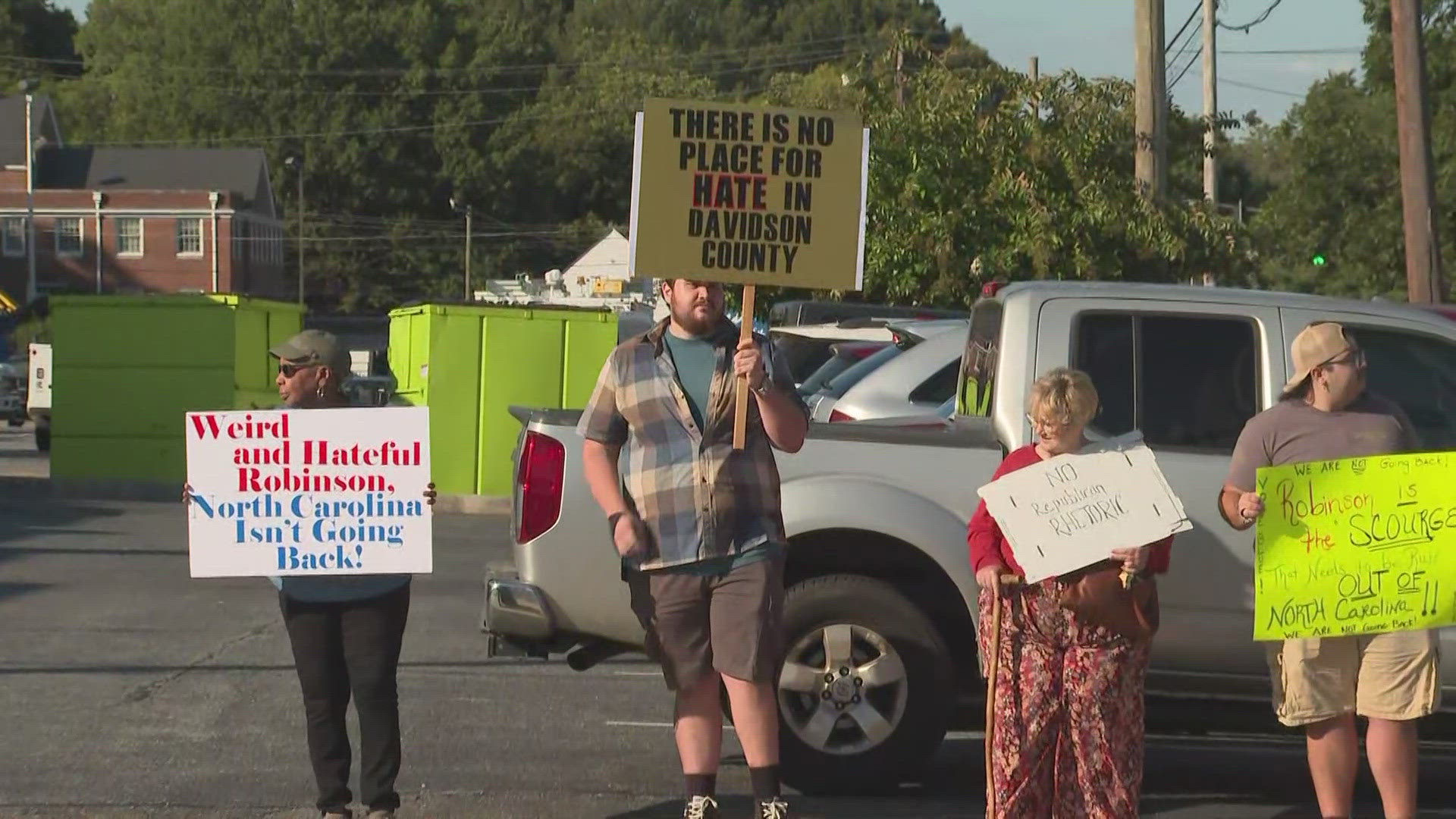 People are pulling up to Village Grill Restaurant in Lexington to peacefully protest Lt. Governor Mark Robinson.