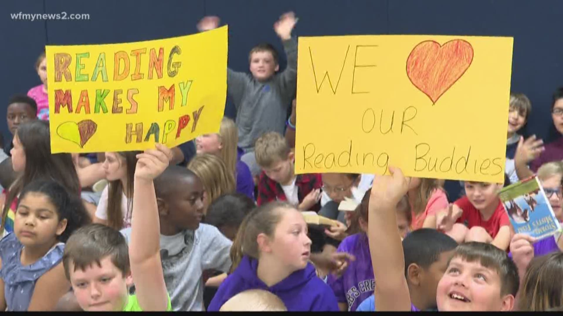 Students welcomed The Good Morning Show Team with posters and plenty of their favorite books.