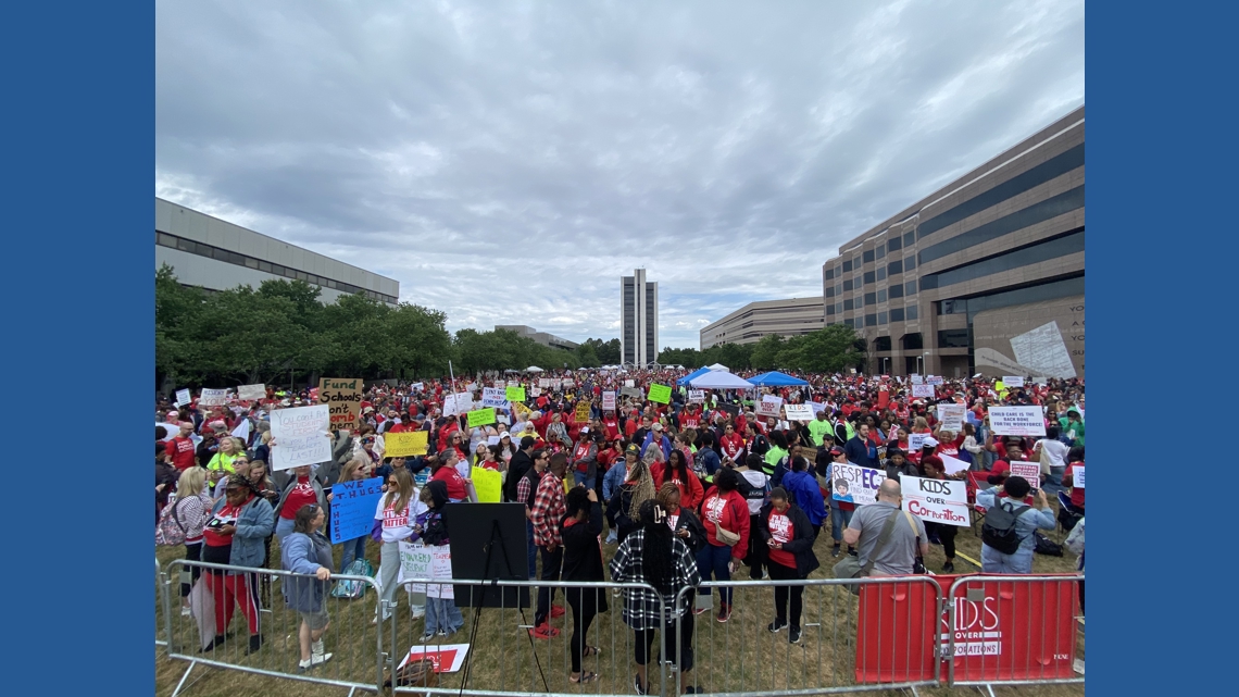 Thousands of teachers rally in Raleigh for higher pay and school funding as WFMY News 2 covers live Thousands rallied in Raleigh for teacher pay and school funding, highlighting North Carolina's low rankings in pay and per-pupil funding, ac