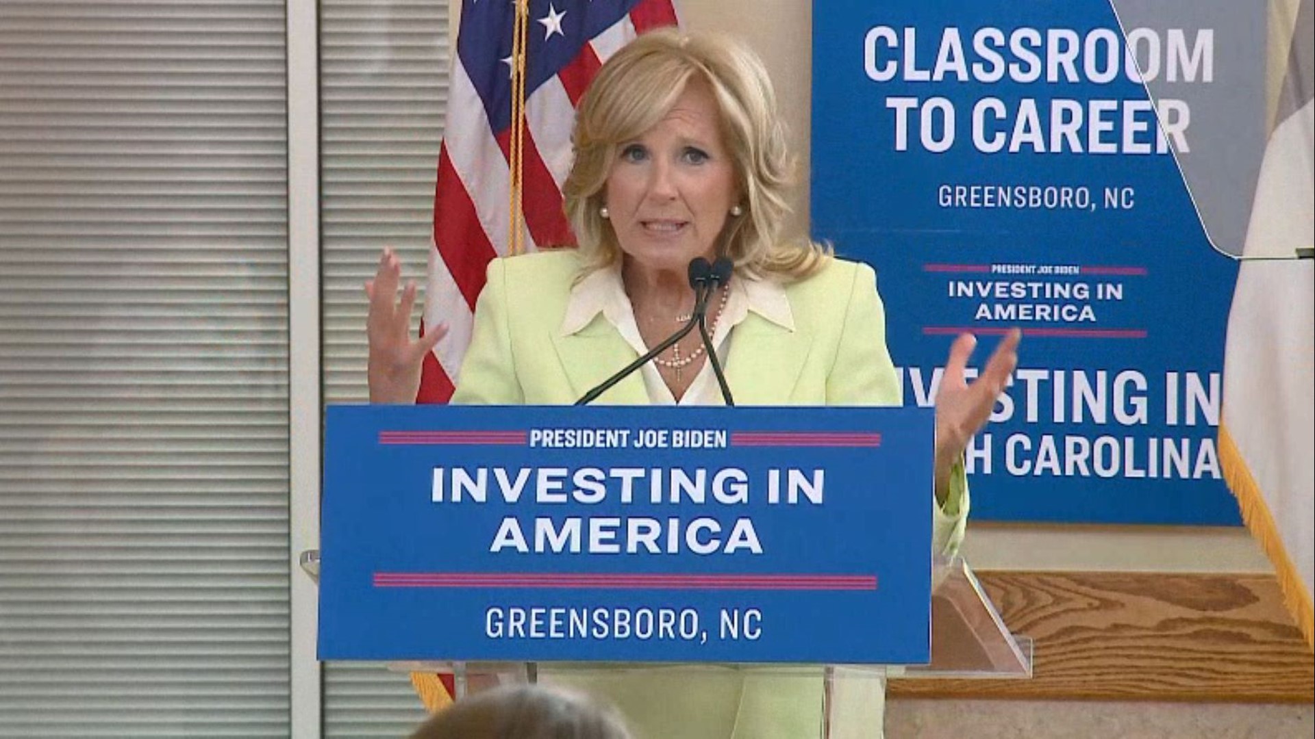 First Lady Dr. Jill Biden spoke at Guilford Technical Community College about programs that can help students find jobs after graduation.