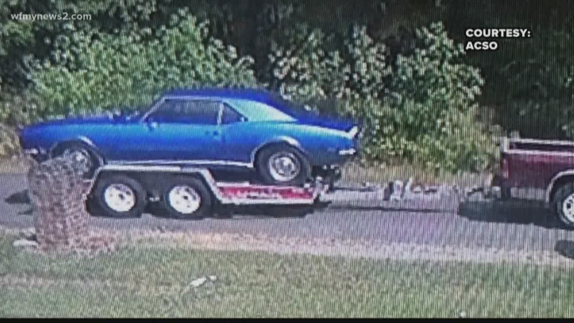 The Alamance County Sheriff’s Office said surveillance video showed a flatbed truck hauling the classic car away in broad daylight.