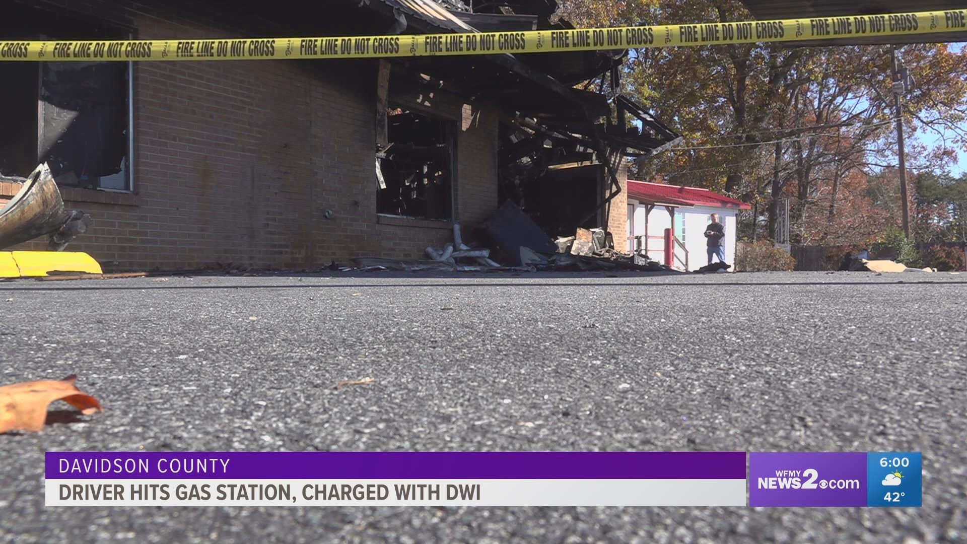 A Davidson County gas station burnt to a crisp after a drunken driver crashed into the pump.