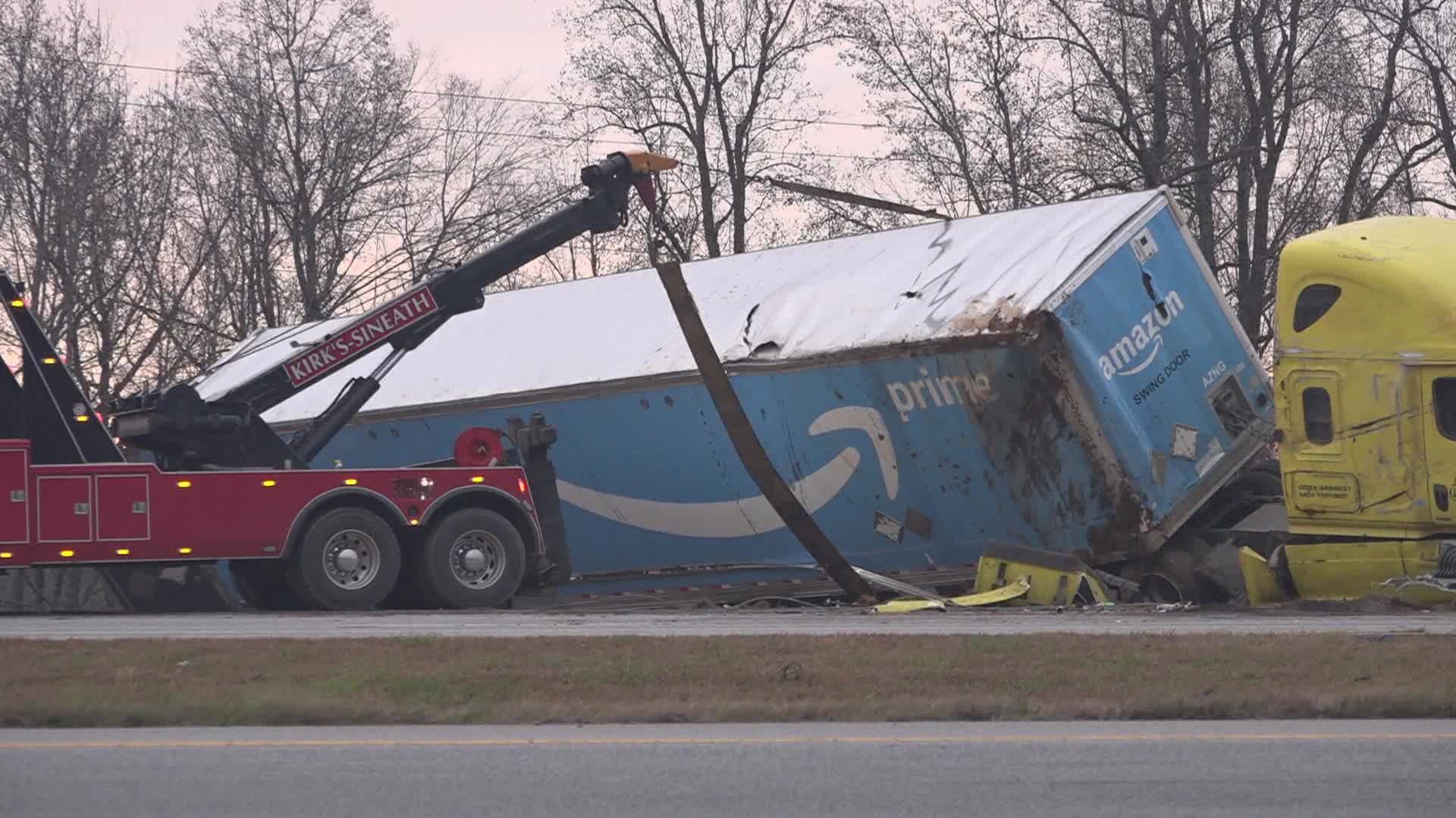 An Amazon truck overturned on I-85 in Greensboro Tuesday morning. Officials reported minor injuries. Lanes are back open.