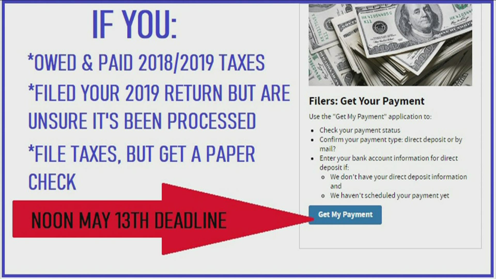 You have until noon May 13th to get your direct deposit information in to get your stimulus check. If you don't, you will get a paper check in the coming months.