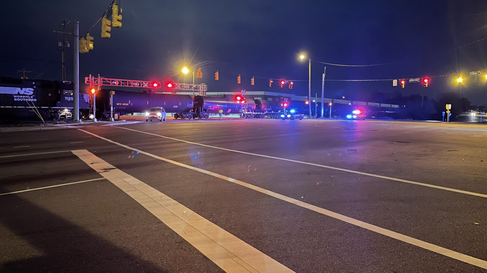 A crash involving a train happened Friday morning on Guilford College Road at West Market Street in Greensboro.