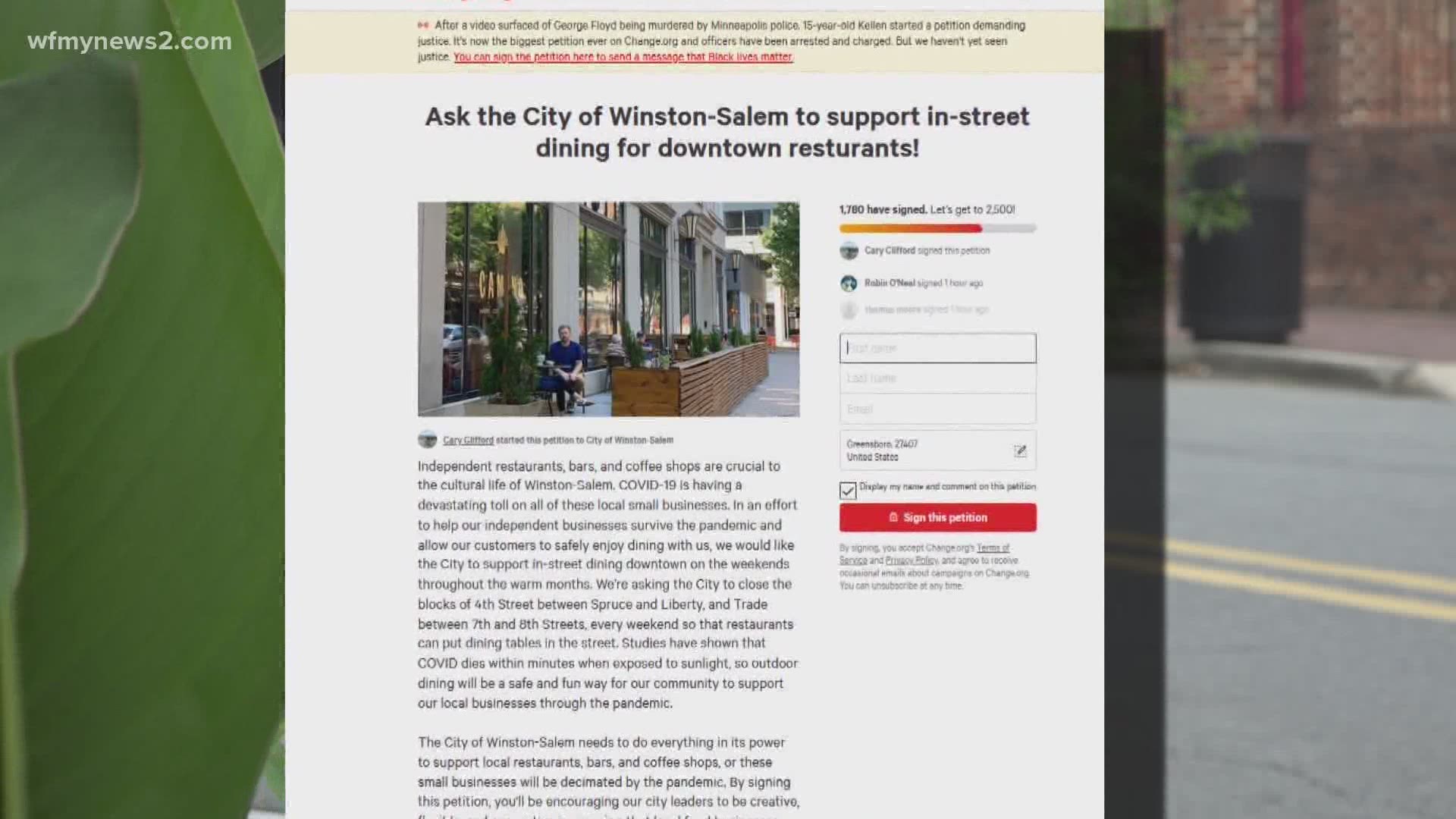 The petition wants local restaurants to have the choice to apply for more outdoor seating that would shut down streets to allow for social distancing.
