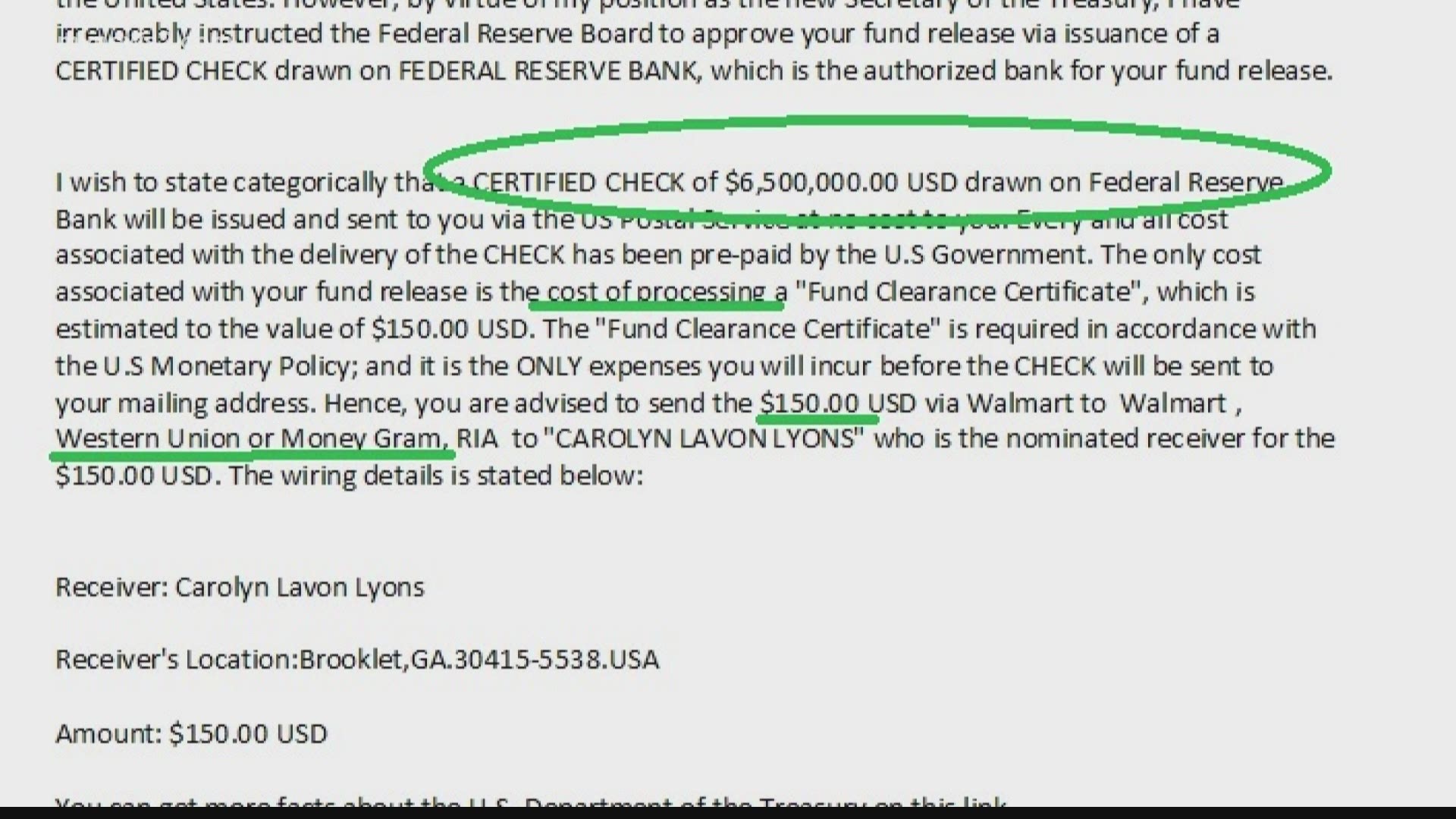 The email claims to be from Secretary of the Treasury Janet Yellen, but it’s a scam. You never have to pay for money you’re owed or a prize you won.