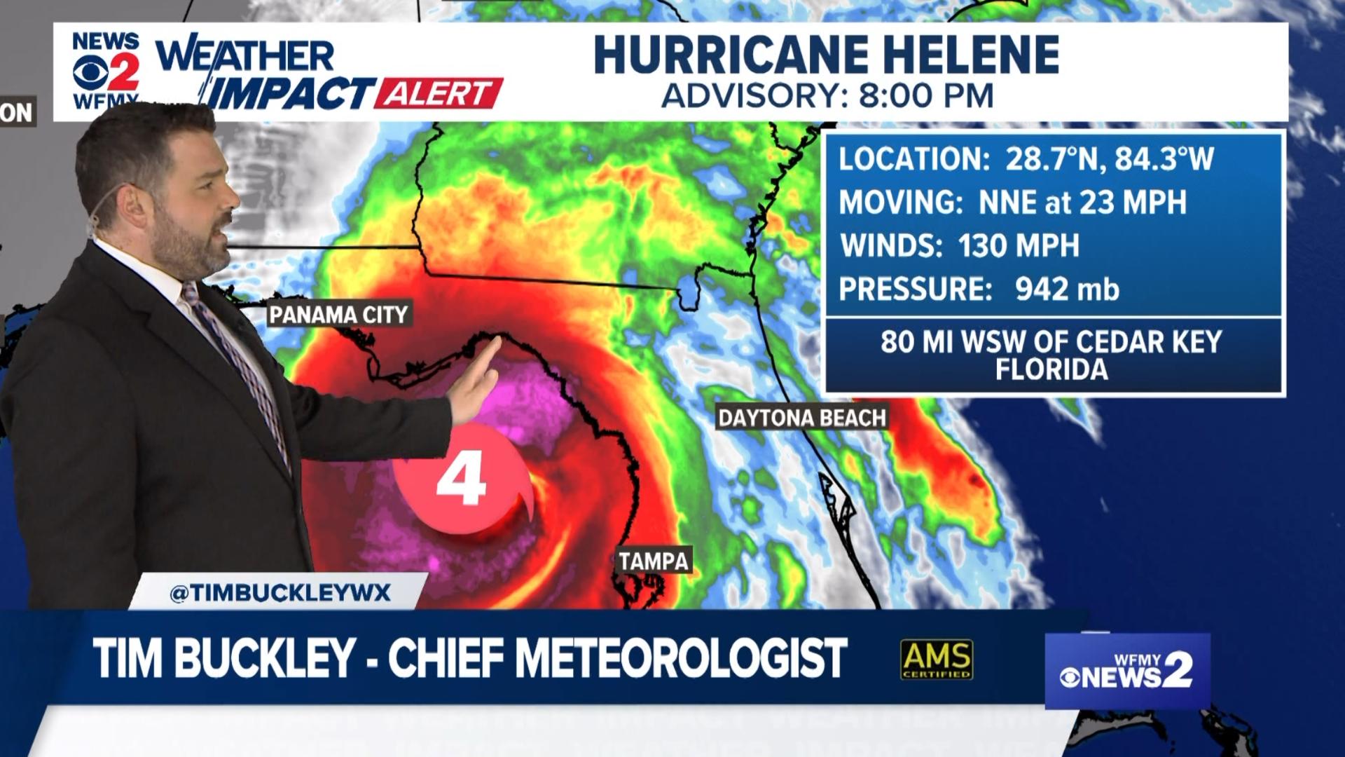 Helene hit Florida as a Category 4 and is now over land heading toward the Carolinas. Tim Buckley has the forecast.