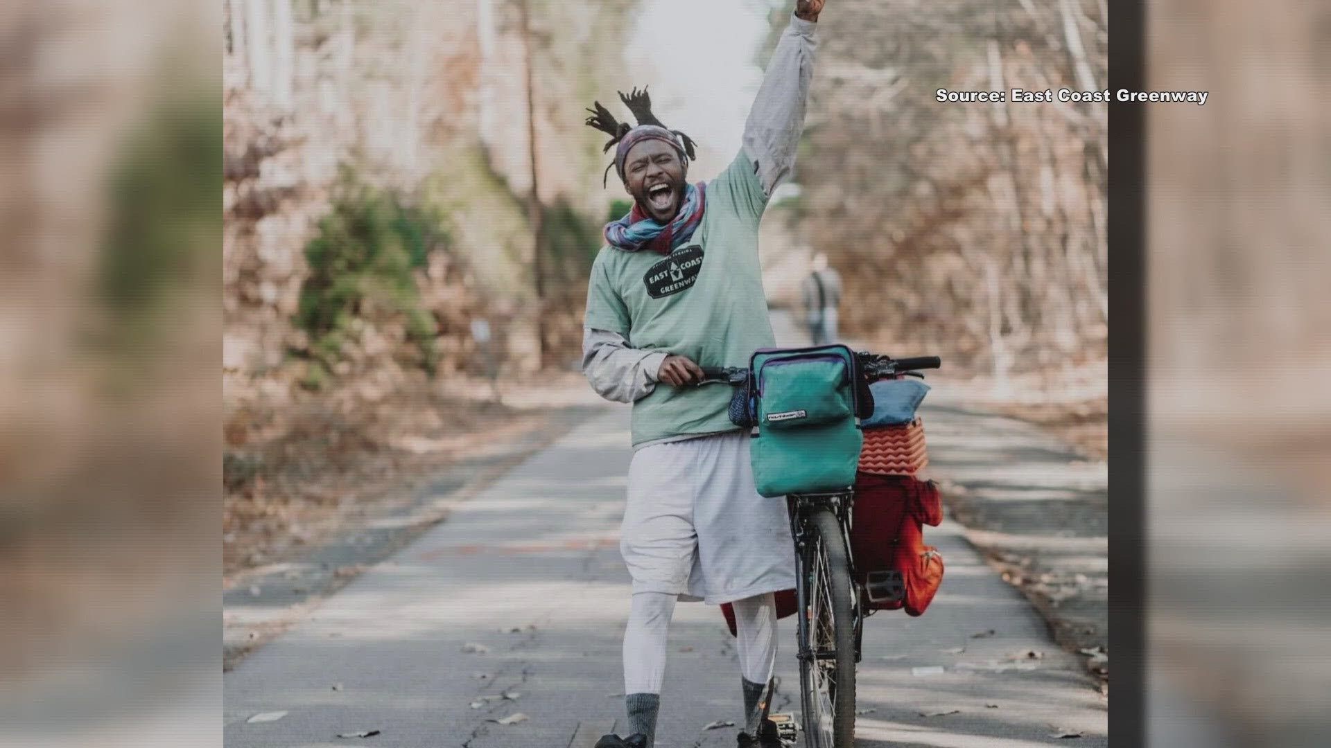Cyclist and Music Artist Anson Frazier of Boston made a stop in Greensboro to ride the Downtown Greenway.