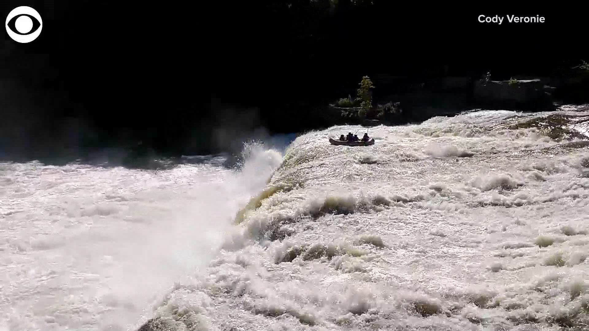 Look at the terrifying moment a raft went over a waterfall in Ohiopyle State Park in Pennsylvania on Saturday. The park operations manager said the rafters missed signs telling them to exit the river before the falls.  He added the people had life jackets on and all six were rescued and are doing fine.