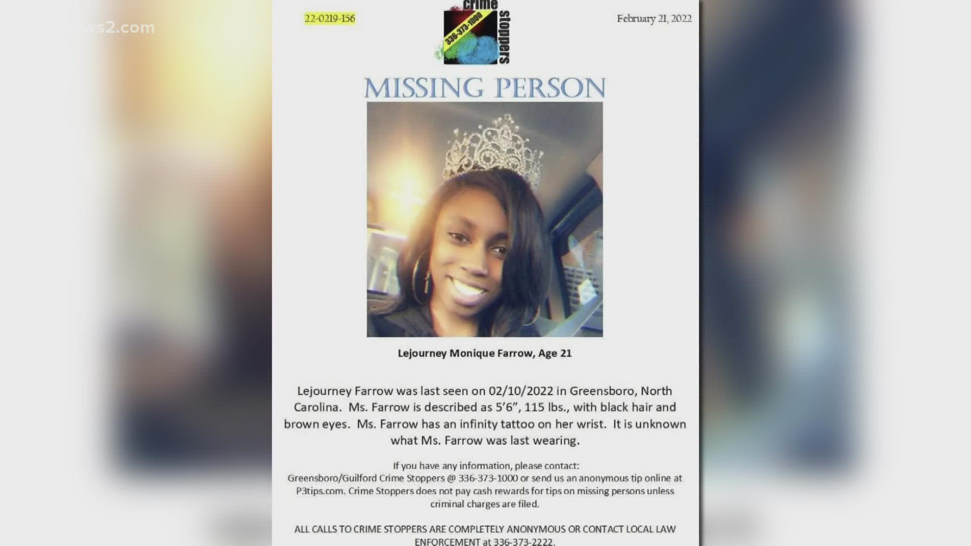 Lejourney Farrow has been missing since February 10, last seen in Greensboro.