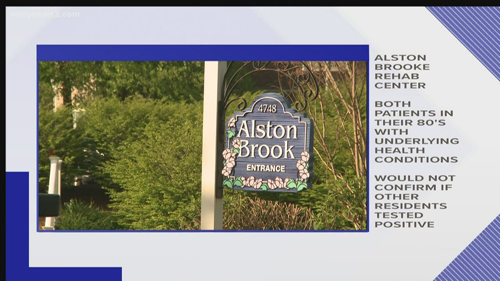 Alston Brook Rehab Center says the two patients were in their eighties and had underlying medical conditions.