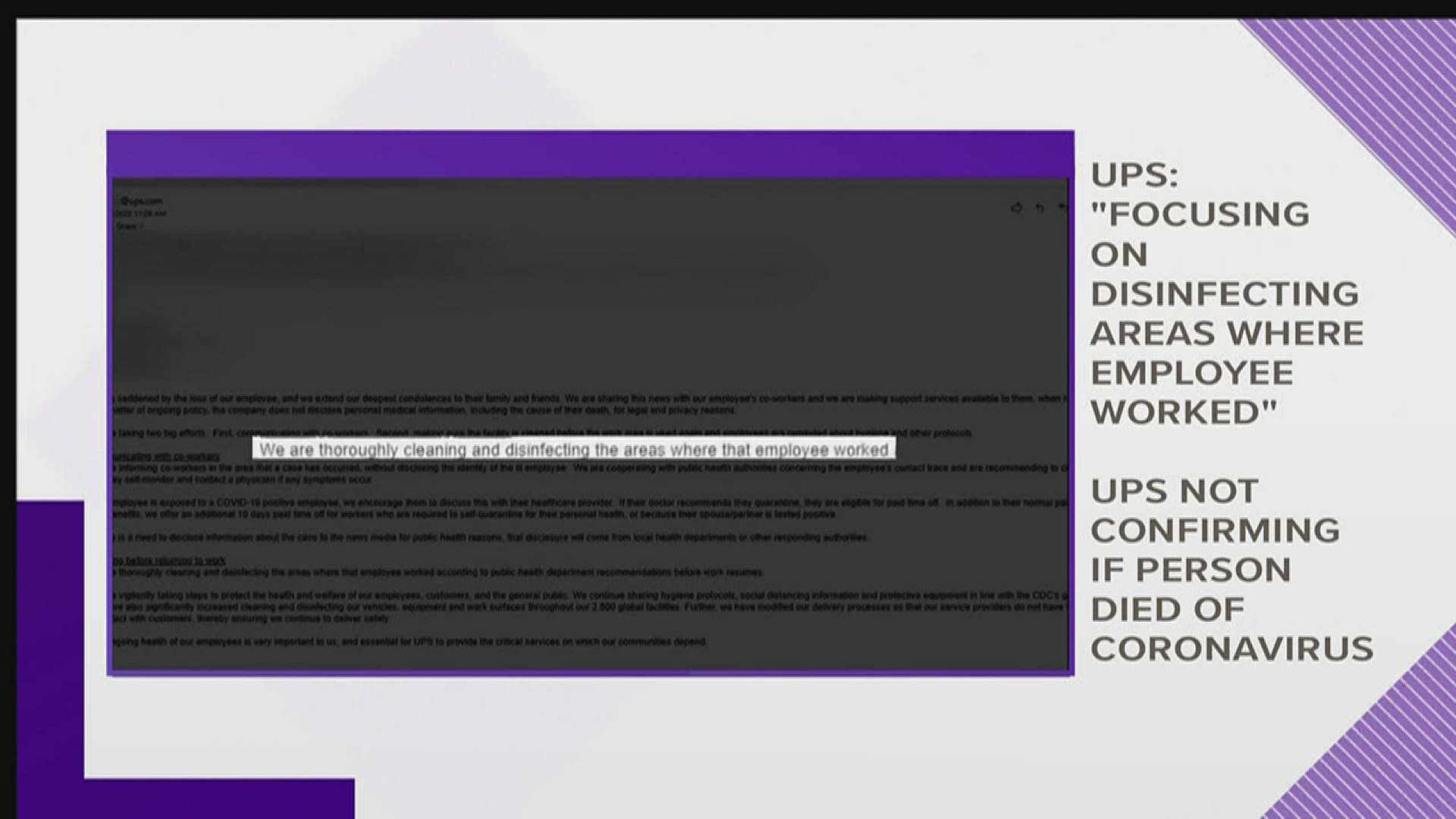 UPS can't confirm if an employee’s death was from coronavirus but did say the worker died from illness.