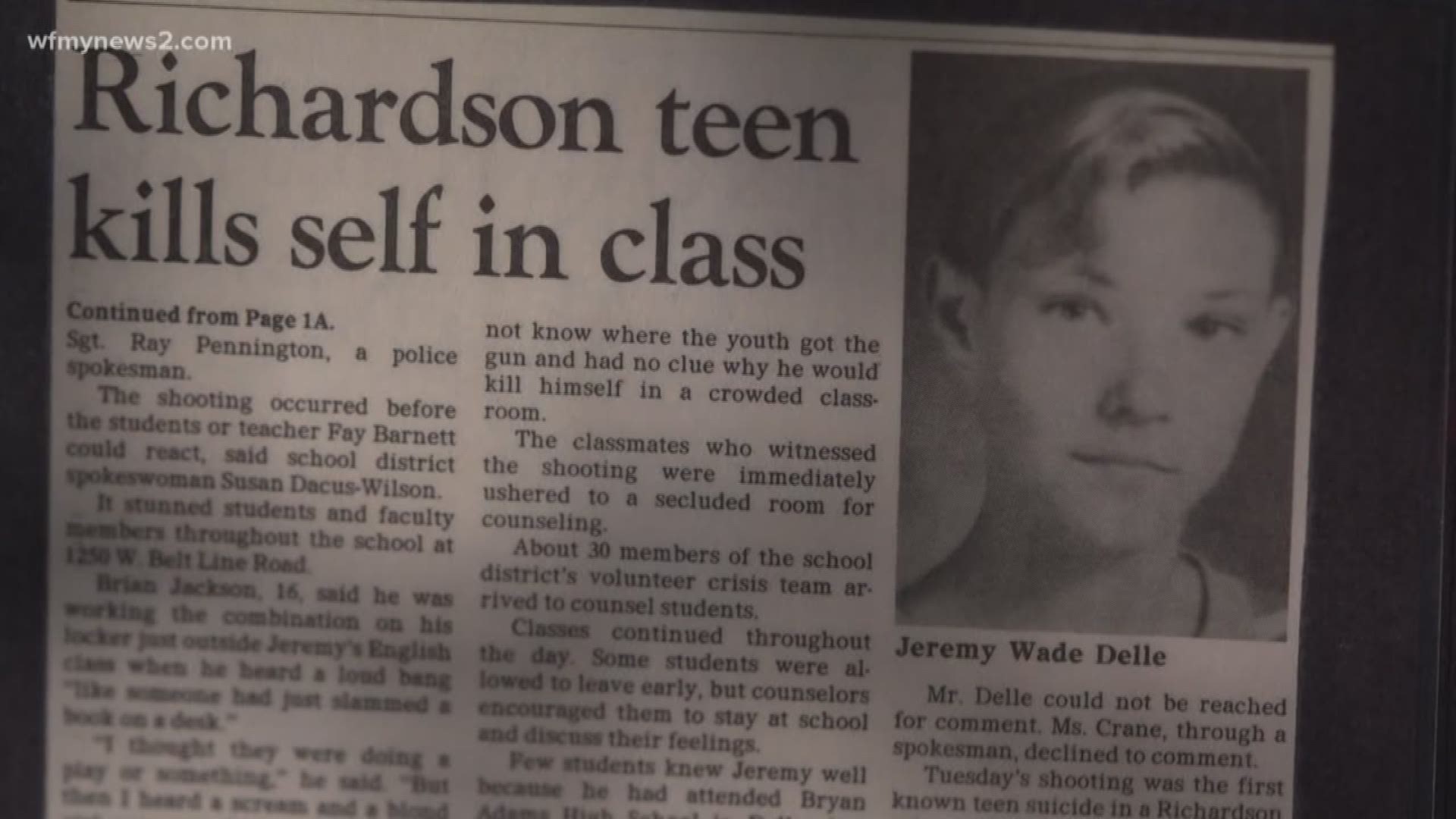 27 years ago, 15-year-old Jeremy Delle killed himself in front of his second-period English class in Richardson Texas.
Jeremy's mother, Wanda Delle, hasn't spoken publicly about her son's death until now.