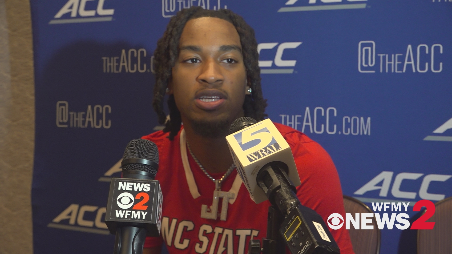 NC State Senior guard Jayden Taylor talks to media ahead of 2024-2025 season