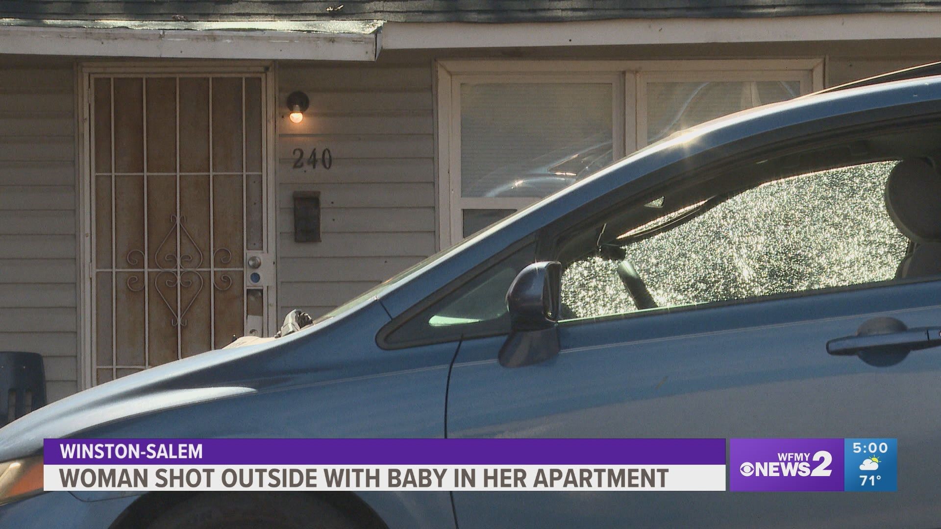 She went outside because her car alarm was going off. She had a baby in her apartment