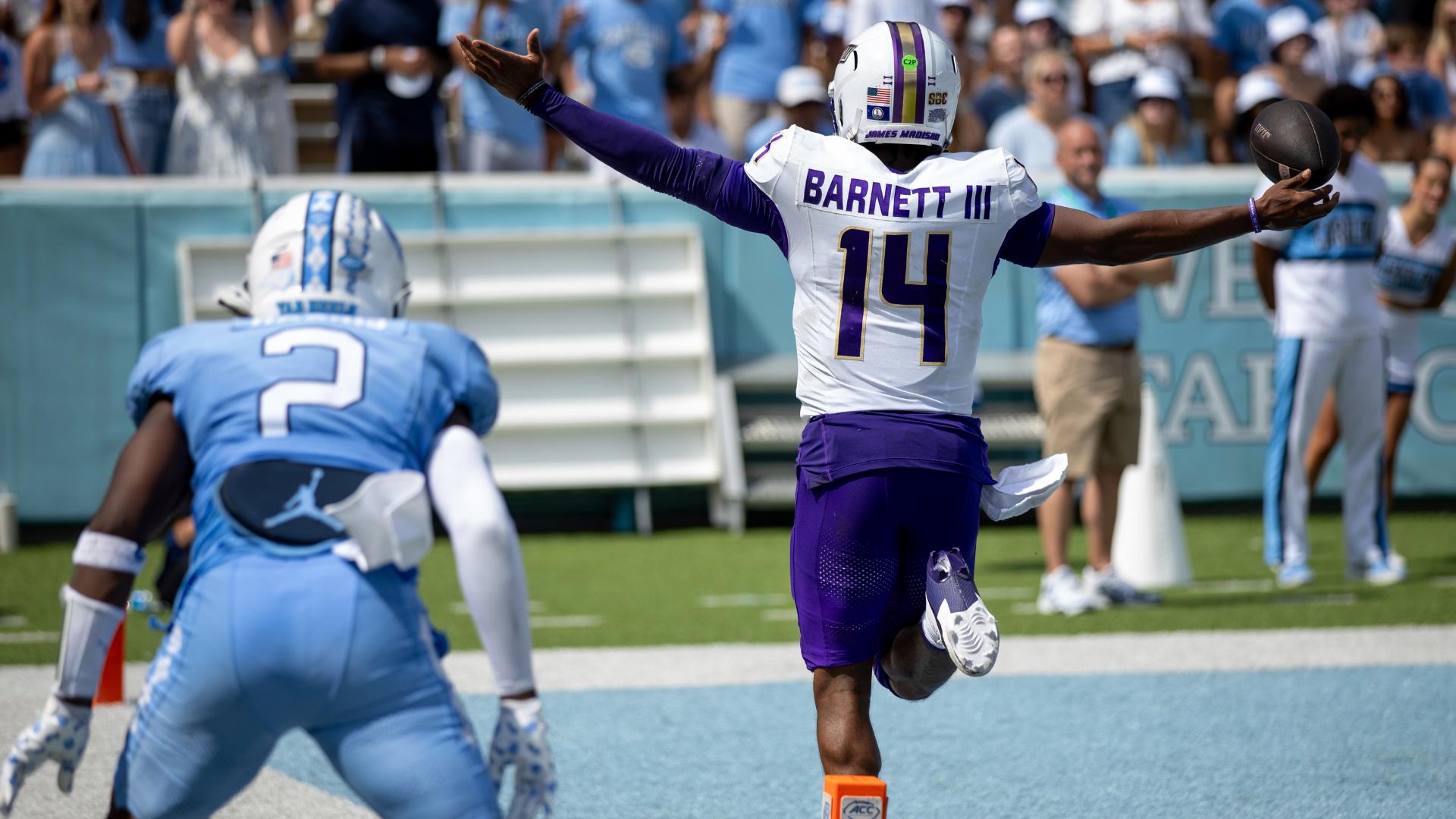 Former Grimsley quarterback Alonza Barnett III scored seven total touchdowns for James Madison on Saturday in a win over UNC.