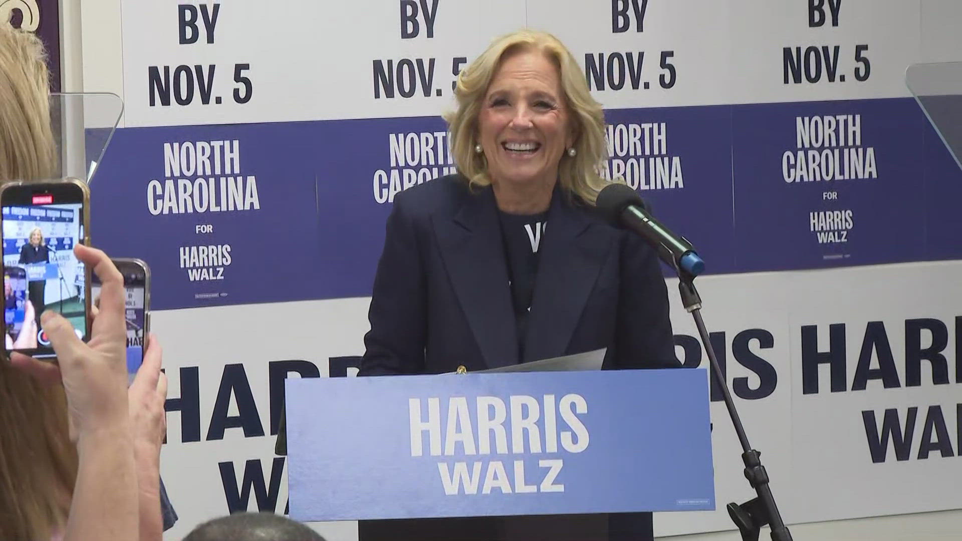 First Lady Jill Biden speaks at a campaign event for Kamala Harris in Winston-Salem on Monday.