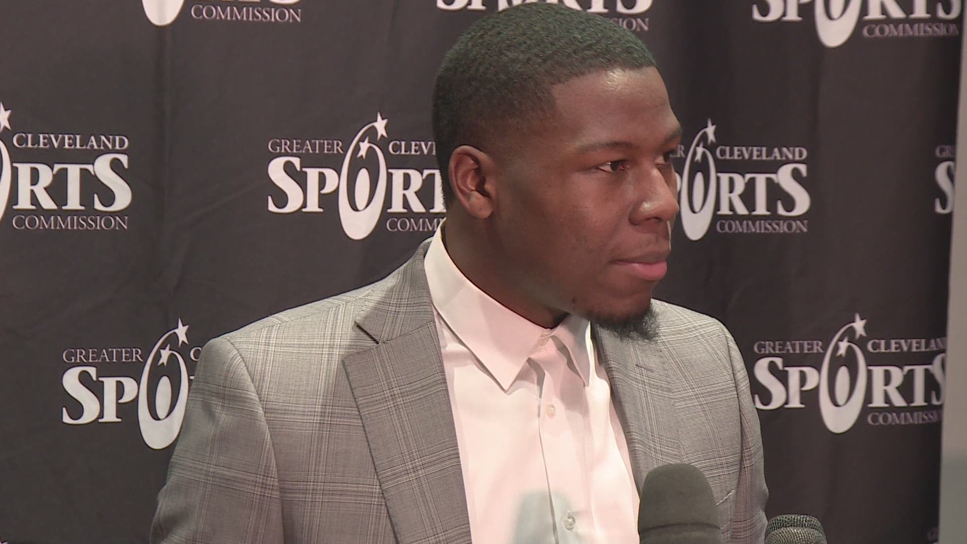 Cleveland Browns corner T.J. Carrie speaks to the media at the Greater Cleveland Sports Awards.