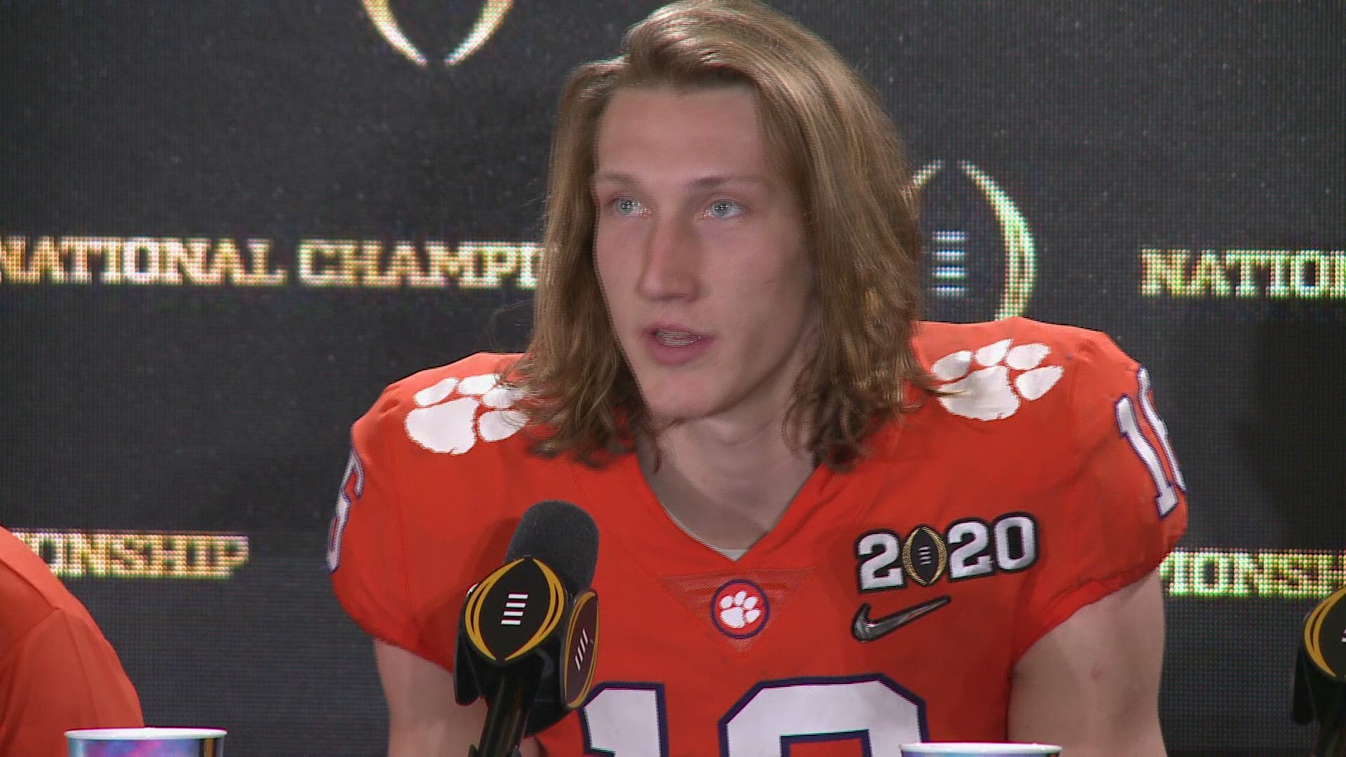 Clemson QB Trevor Lawrence speaks with the media following Clemson's 42-25 loss to LSU in the national championship game.