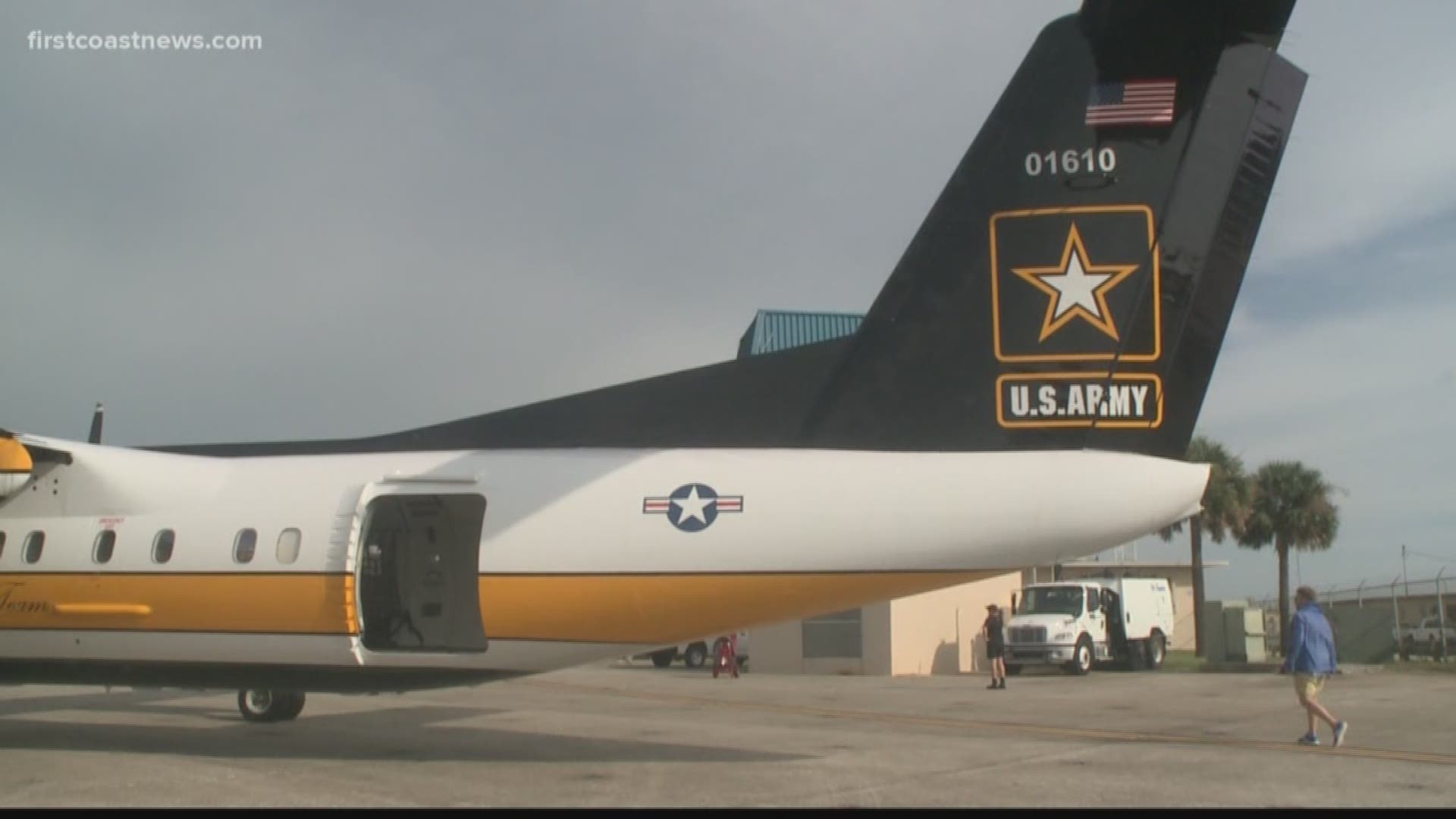 Flying out from Mayport, the U.S. Army Golden Knights Parachute Team took part in the Jacksonville Sea and Sky Air Show, coordinating a routine with 11 jumpers.