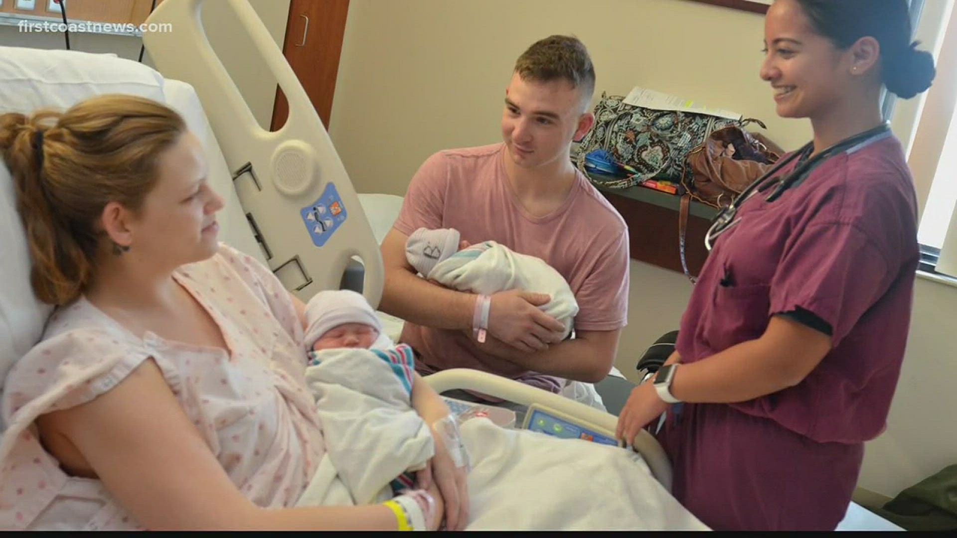 A Marine Corporal's wife gave birth to twins Friday at Naval Hospital Jacksonville while the couple was on evacuation from Florence.