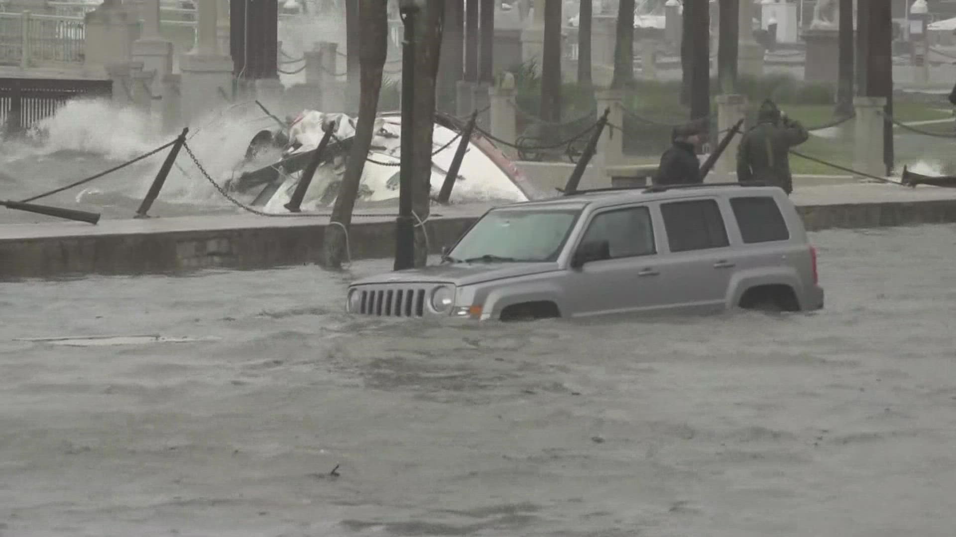 Flooding has fallen below the sea wall, meaning it is below 4ft at this time, and water is receding.