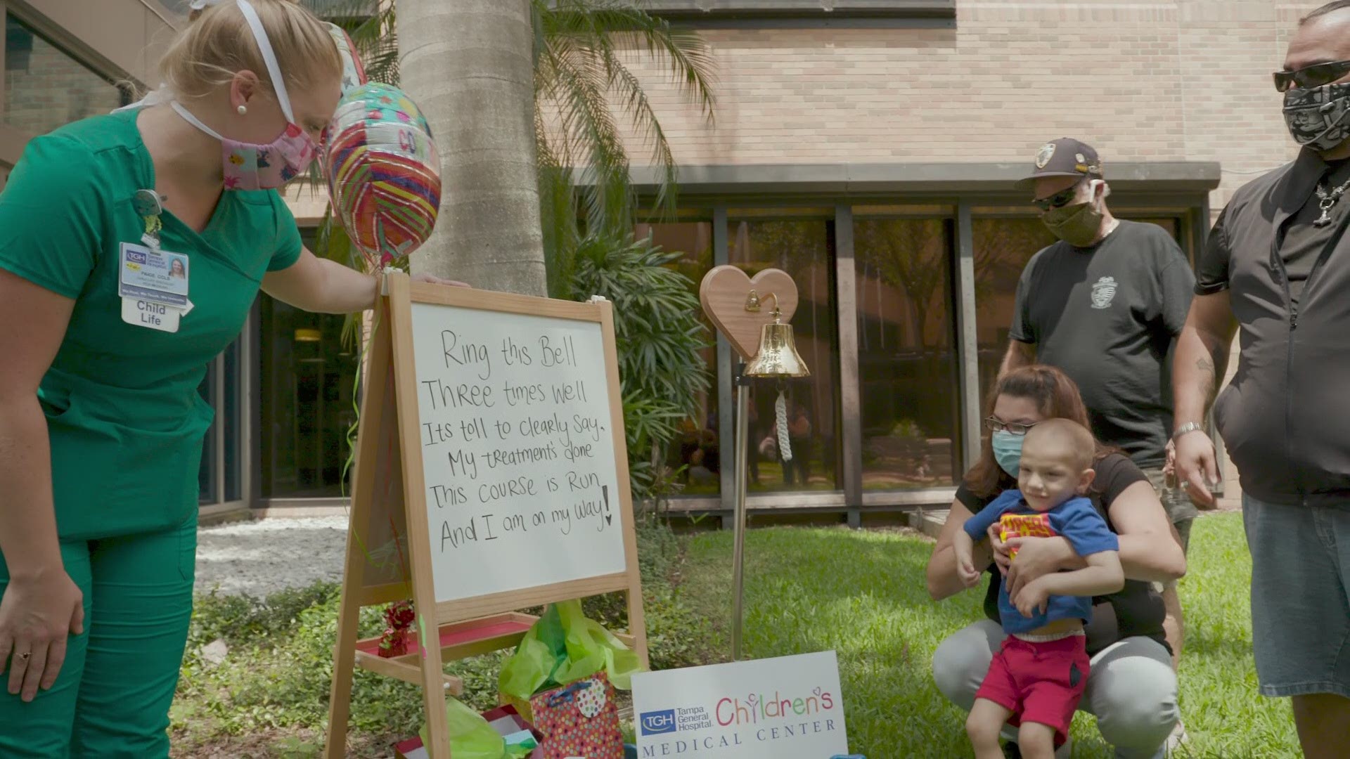 Three-year-old Chase celebrated the end of his chemotherapy treatments at Tampa General Hospital by ringing the bell.