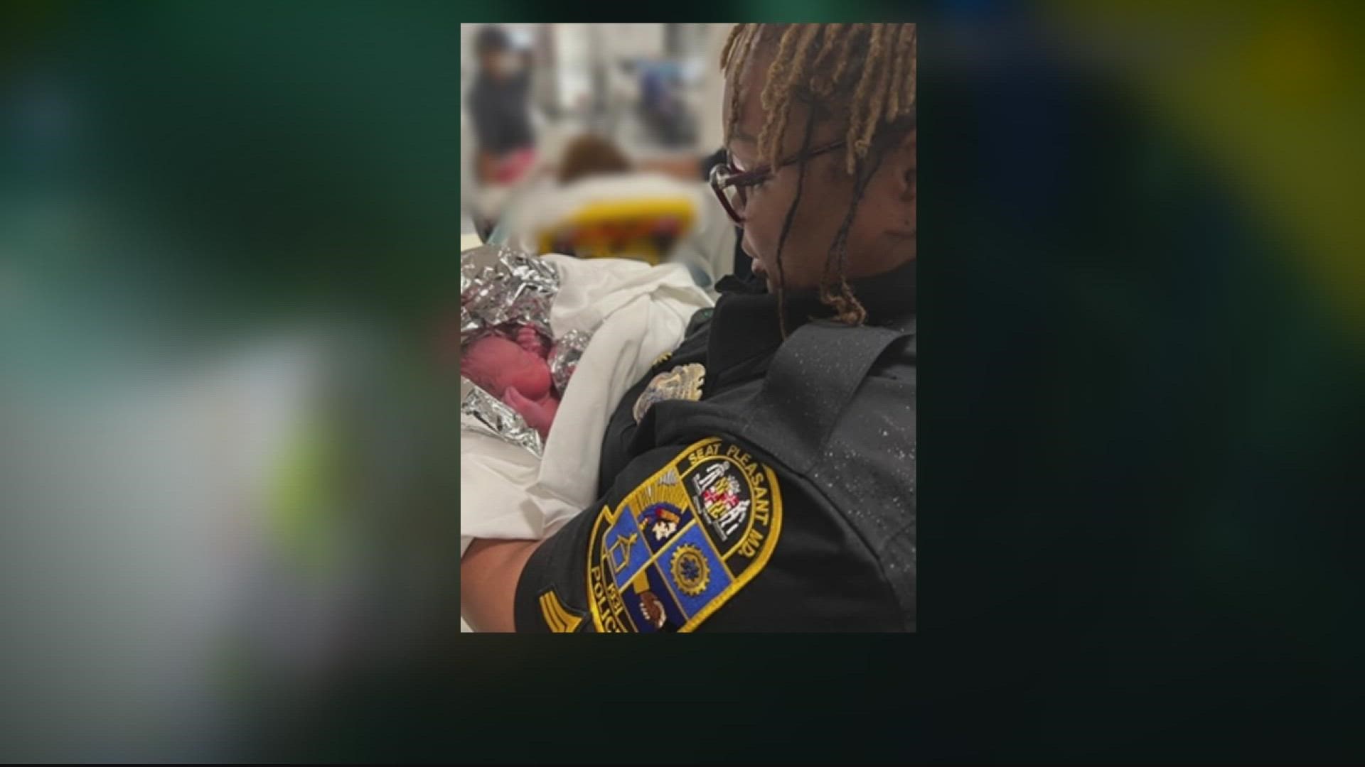 During a rainy Thursday, officers were driving a woman with an infant to a shelter when they noticed her giving birth to a second newborn in the back seat.