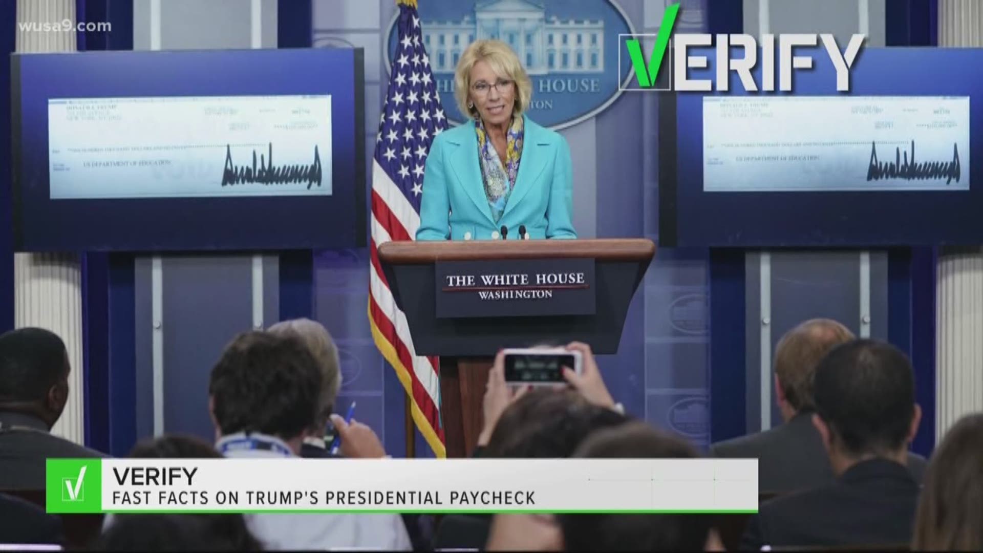 The President has donated seven checks, $78,333 after taxes each, to different government agencies. He has not yet announced who will receive his final check from 2018.