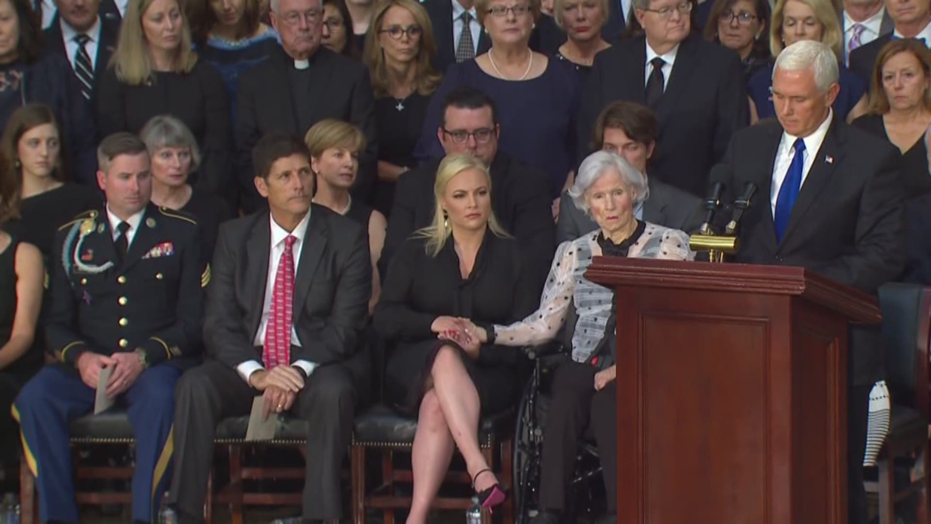 Mike Pence, Vice President of the United States, speaks at John McCain's memorial service while he lies in state tat the U.S. Capitol Rotunda