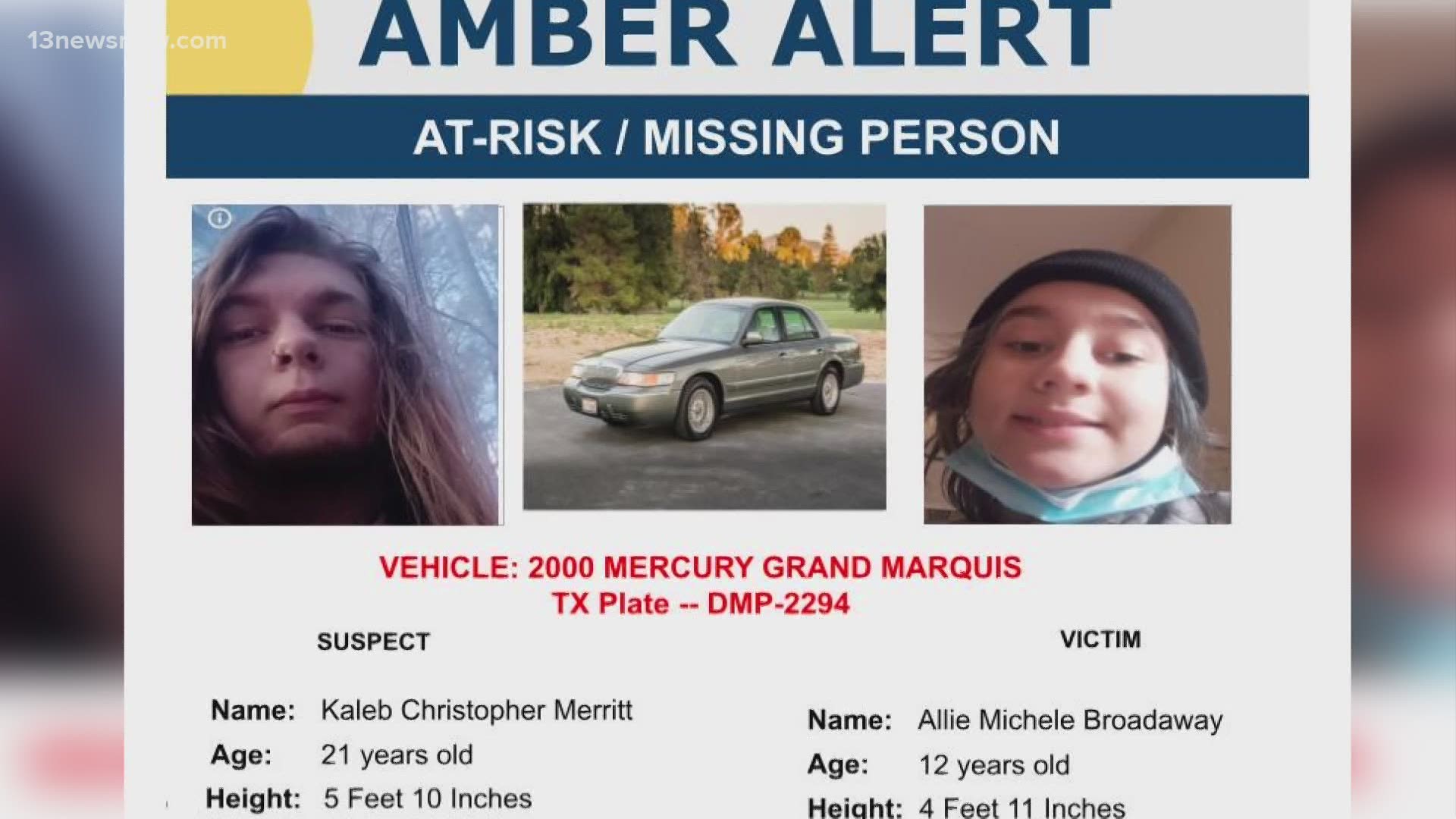 An AMBER Alert has been issued for a 12-year-old Virginia girl who is believed to have been abducted and is in extreme danger.