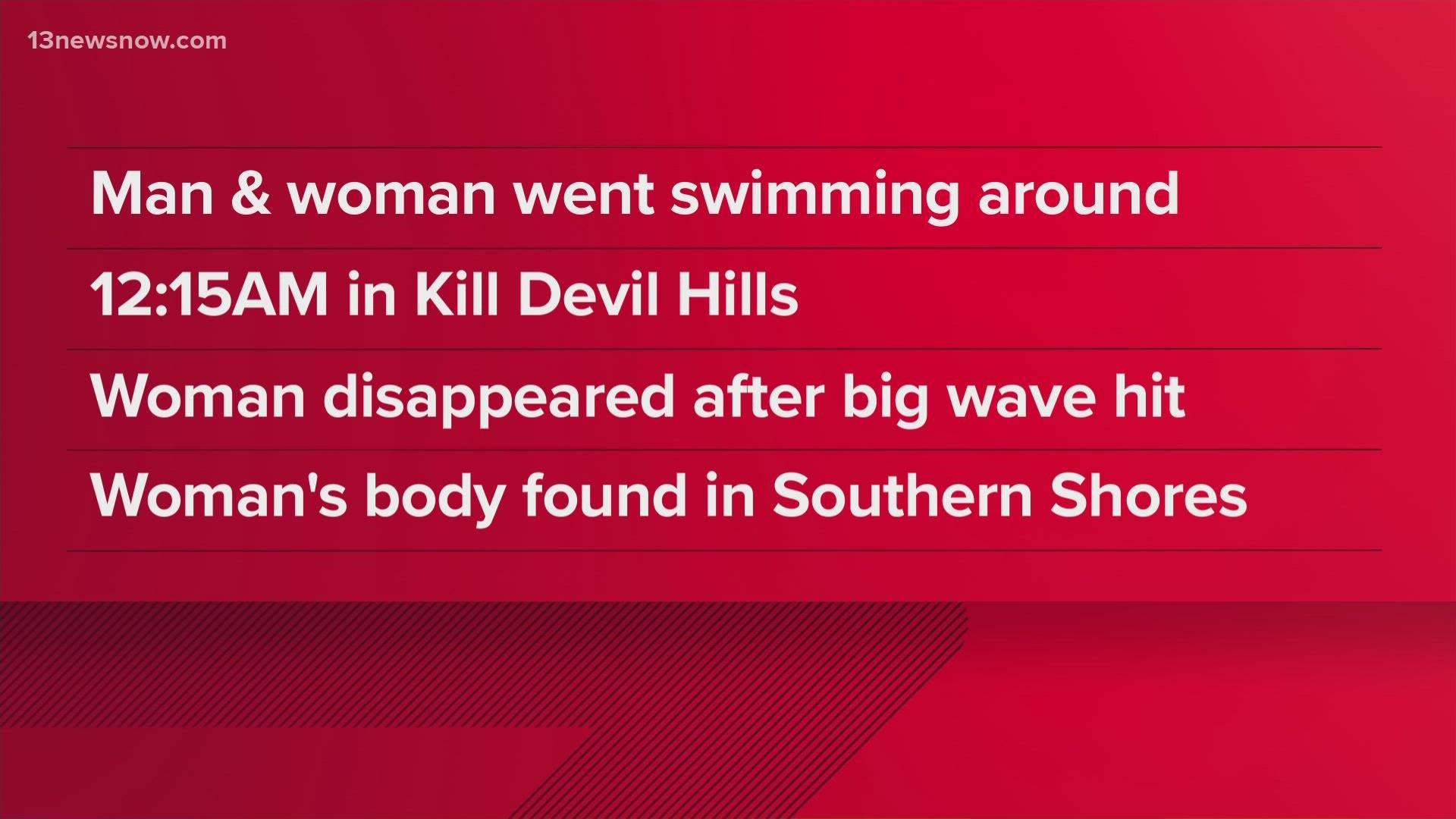 A man and woman were swimming together around 12:15 a.m., in rough conditions, when they got hit by a large wave. The man resurfaced but said his friend did not.