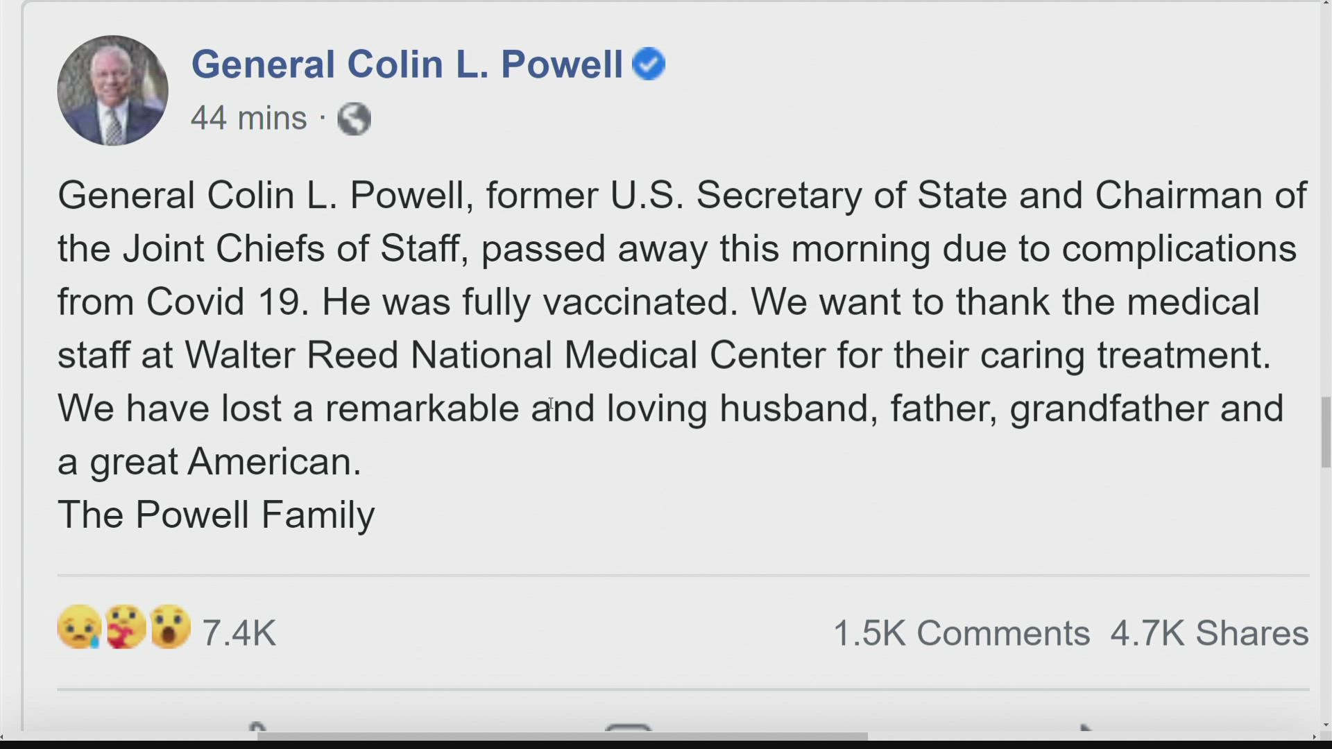 Colin Powell's family said in a statement that he died from COVID-19 complications. His family said he was fully vaccinated.