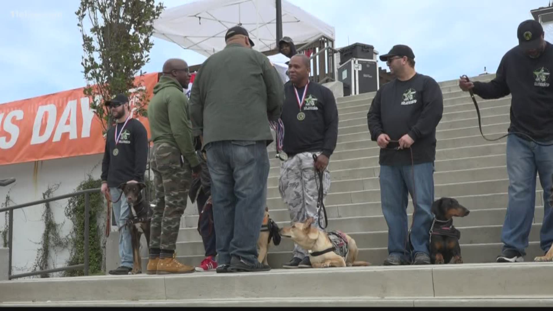 Many of the dogs were rescued from local shelters and selected specifically to work with combat-wounded veterans.