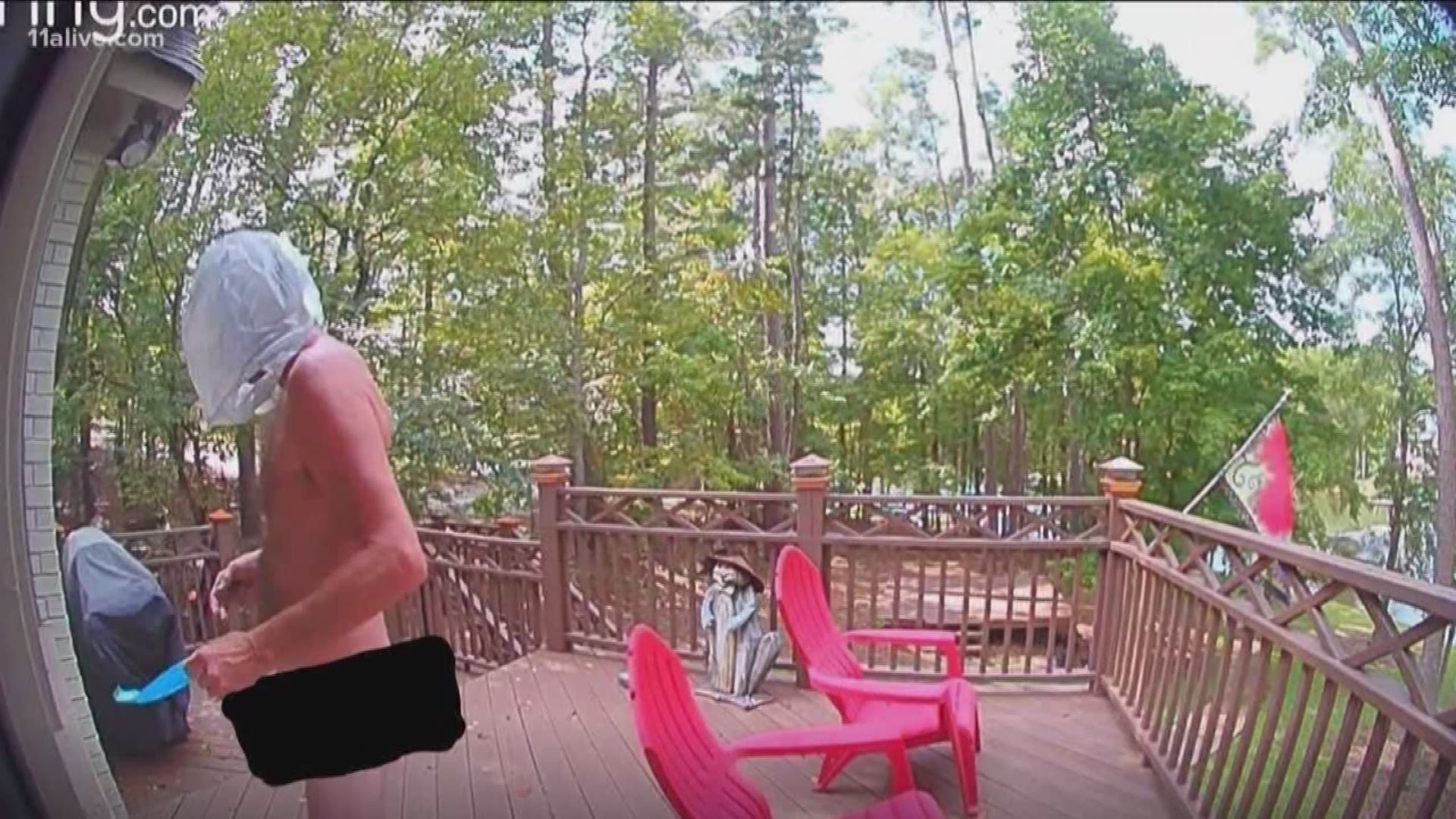 Naked Man With Bag Over Head Caught On Camera Using Someones Outdoor